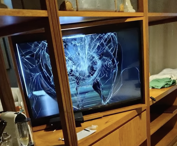 broken TV set in Liam Payne's hotel room